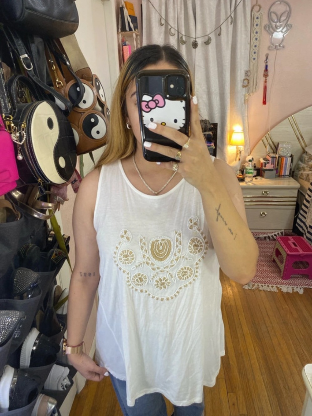 Chelsea & Theodore White Tank Top with Gold Floral Embroidery